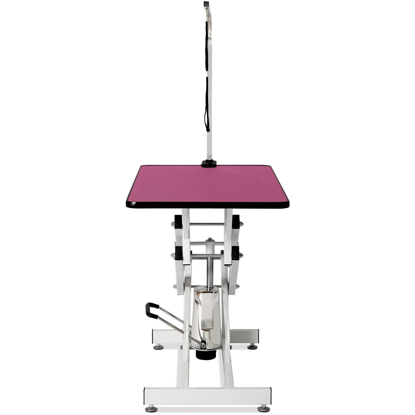 Hydraulic Pet Grooming Table with pink non-slip top and chrome frame on Tampa Home & Garden Store