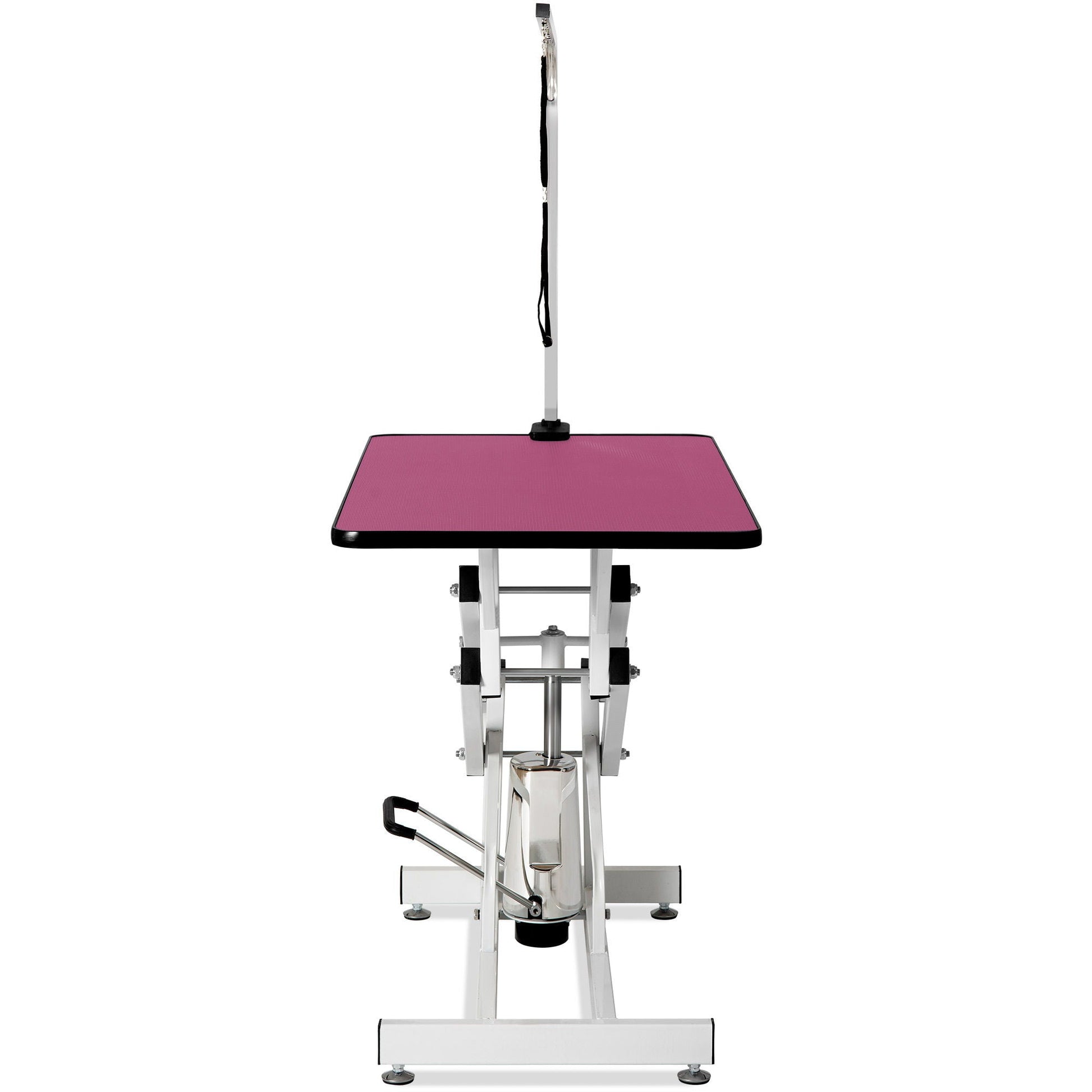 Hydraulic Pet Grooming Table with pink non-slip top and chrome frame on Tampa Home & Garden Store