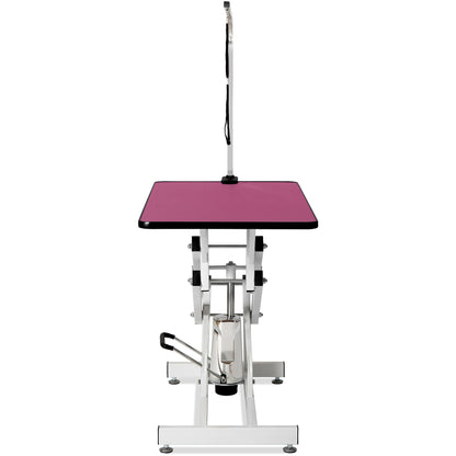 Hydraulic Pet Grooming Table with pink non-slip top and chrome frame on Tampa Home & Garden Store