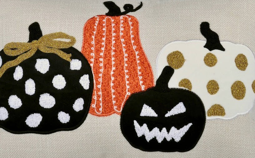 Embroidered Halloween Pumpkin Pillows set of 4: black polka-dot, orange-striped pumpkins on Tampa Home & Garden Store