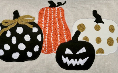 Embroidered Halloween Pumpkin Pillows set of 4: black polka-dot, orange-striped pumpkins on Tampa Home & Garden Store