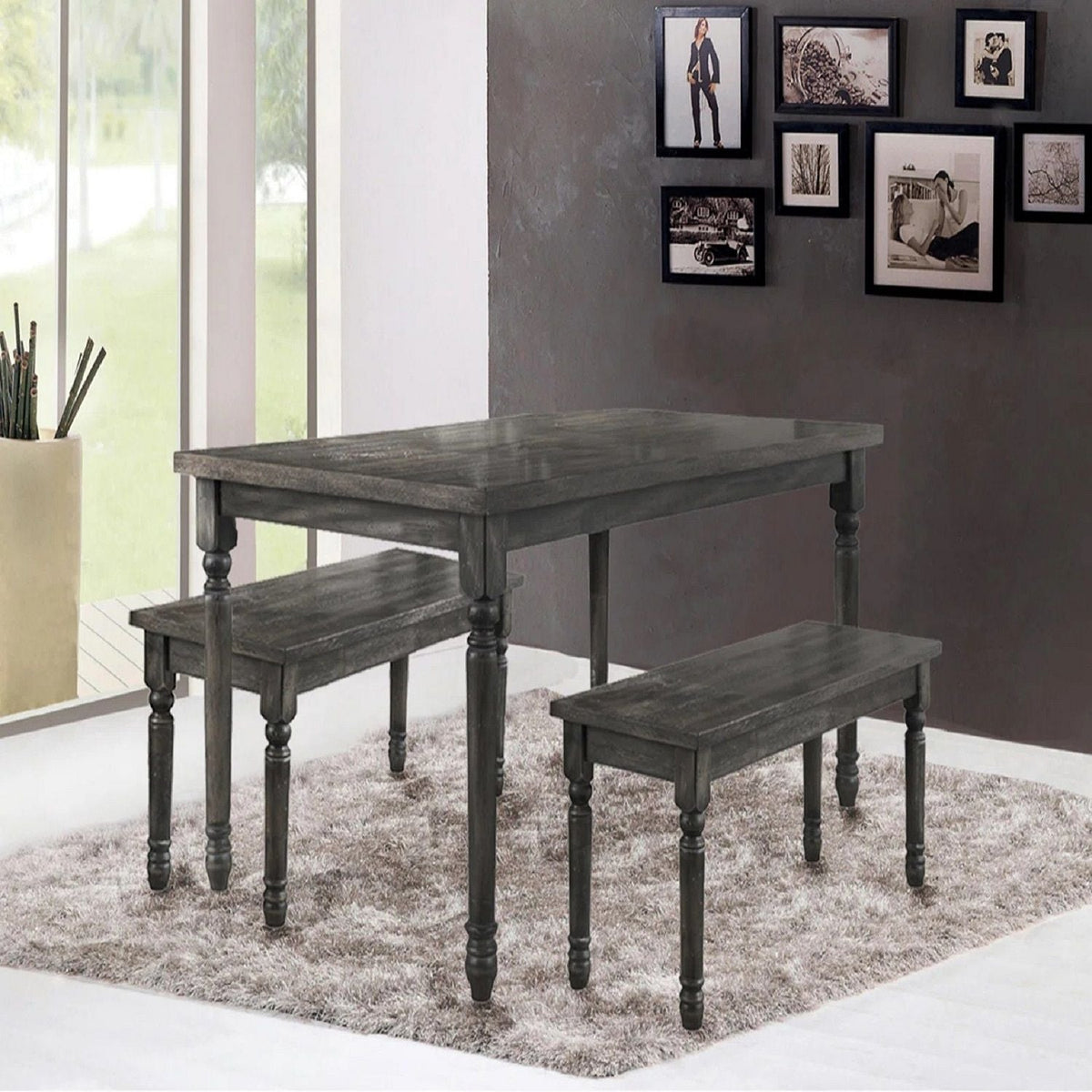 Rectangular gray wood dining table with two matching benches, HouseOfZazla dining set on Tampa Home & Garden Store