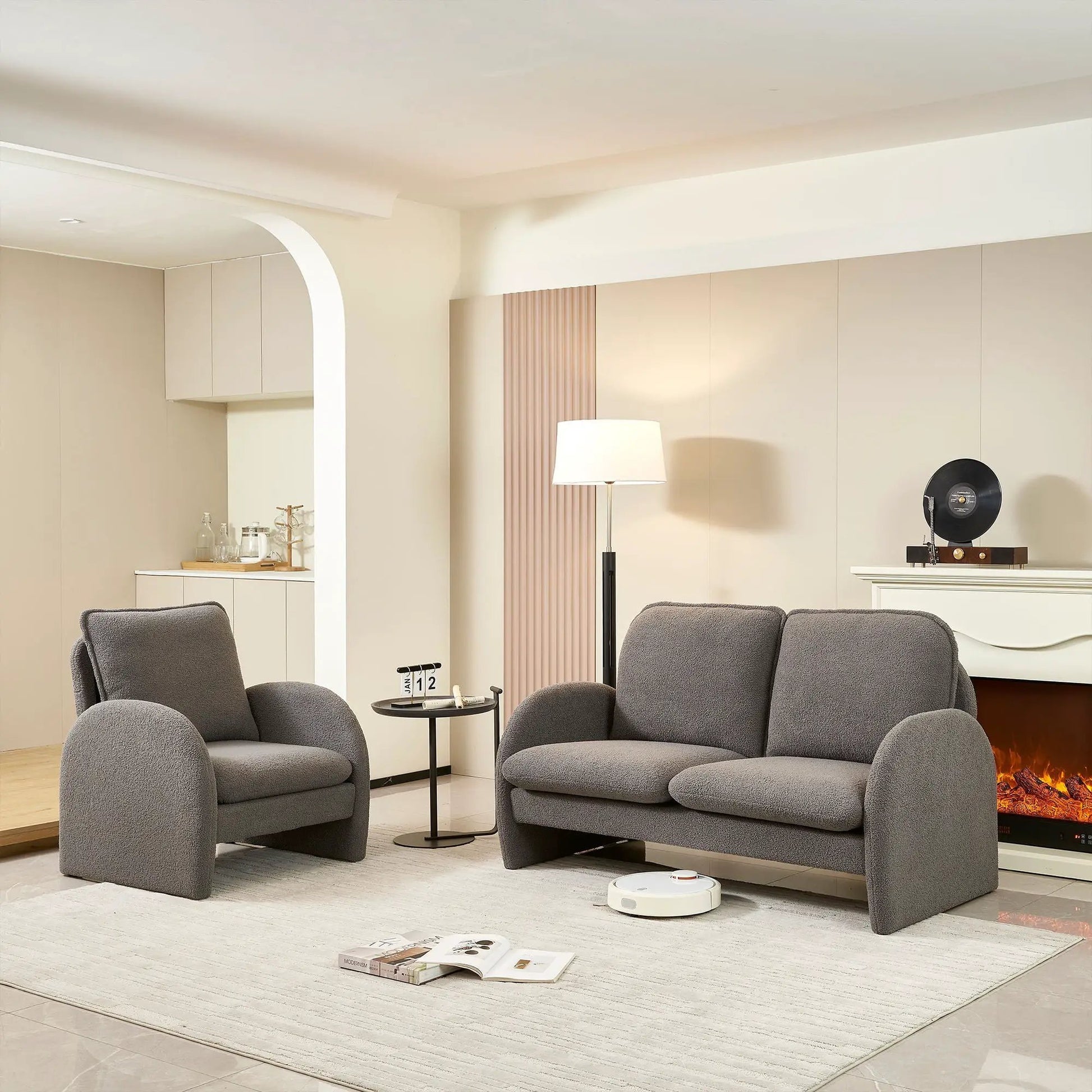 Sherpa fabric upholstered loveseat sofa set in gray, 3-piece lounge set on Tampa Home & Garden Store