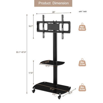 TV Stand HouseOfZazla adjustable tempered-glass metal stand with lockable wheels, black on Tampa Home & Garden Store