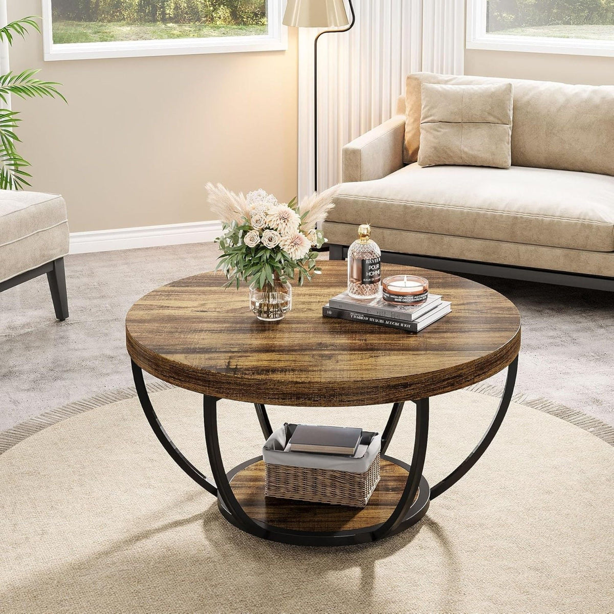 HouseOfZazla 2-Tier round coffee table with storage dark brown wood top and black metal frame on Tampa Home & Garden Store