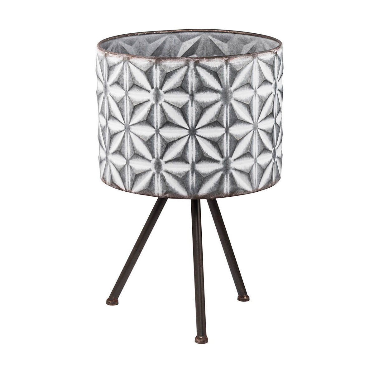 Metal planter stand with round galvanized farmhouse planter in gray, set of 2 on Tampa Home & Garden Store