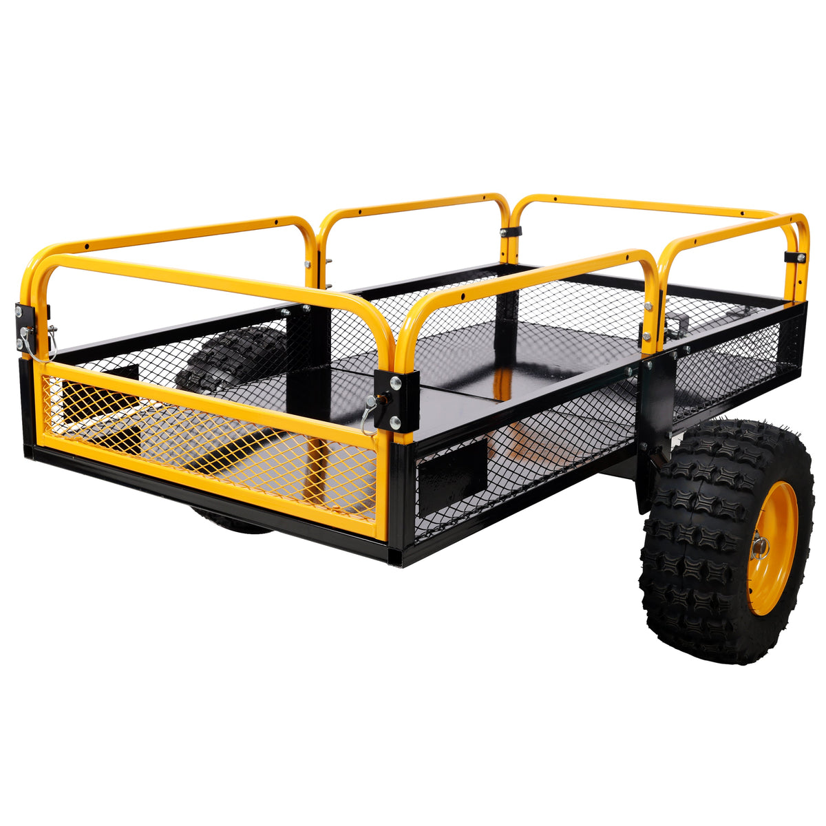 Heavy-Duty Tow-Behind Dump Cart with steel bed, black frame and yellow rails, rugged tires on Tampa Home & Garden Store