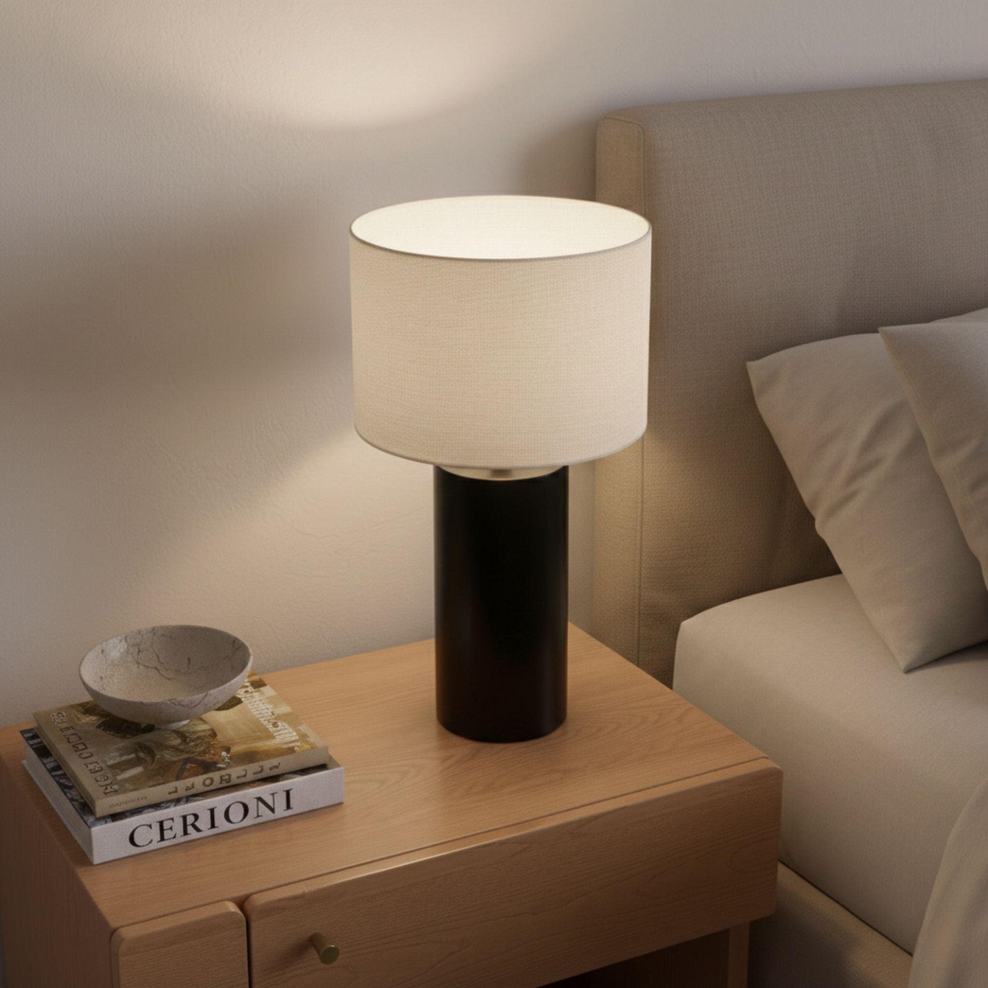 Aura table lamp by HouseOfZazla with black block base and white shade in a bedroom on a nightstand on Tampa Home & Garden Store