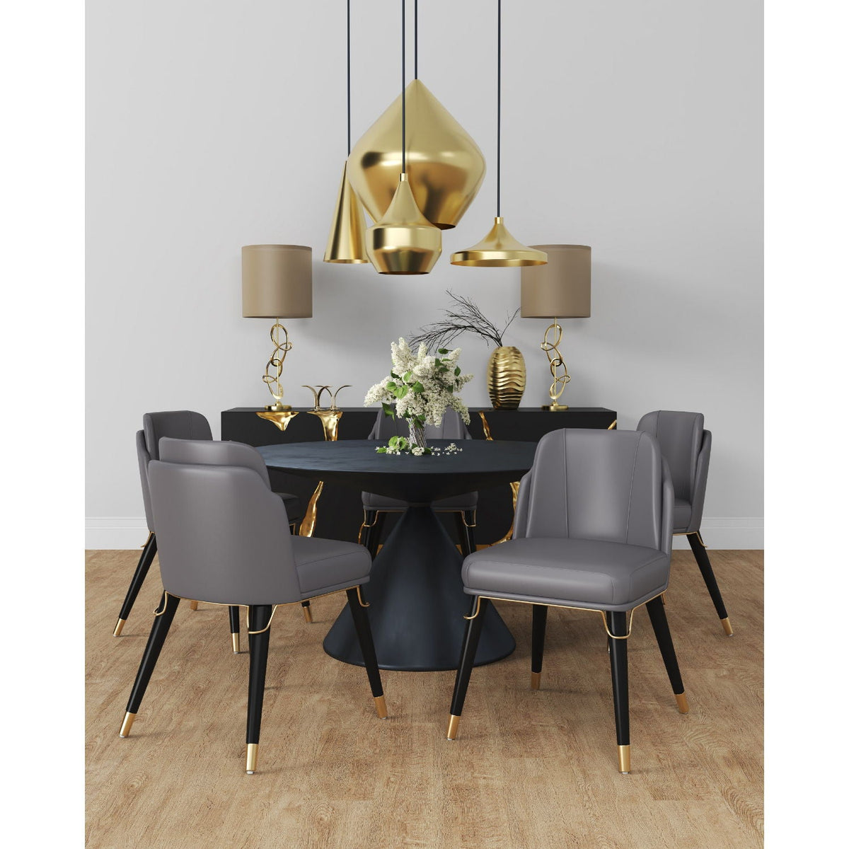 Estelle Dining Chair with Metal Accents six gray chairs around a black pedestal table on Tampa Home & Garden Store