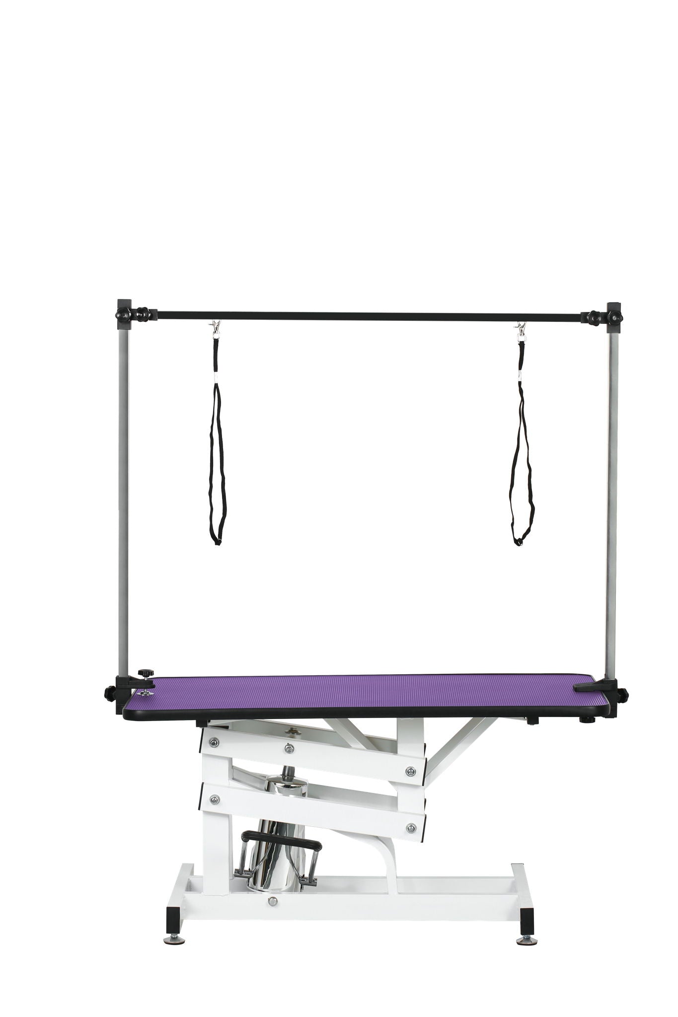 Hydraulic pet grooming table with H-arm, purple non-slip surface, white frame on Tampa Home & Garden Store