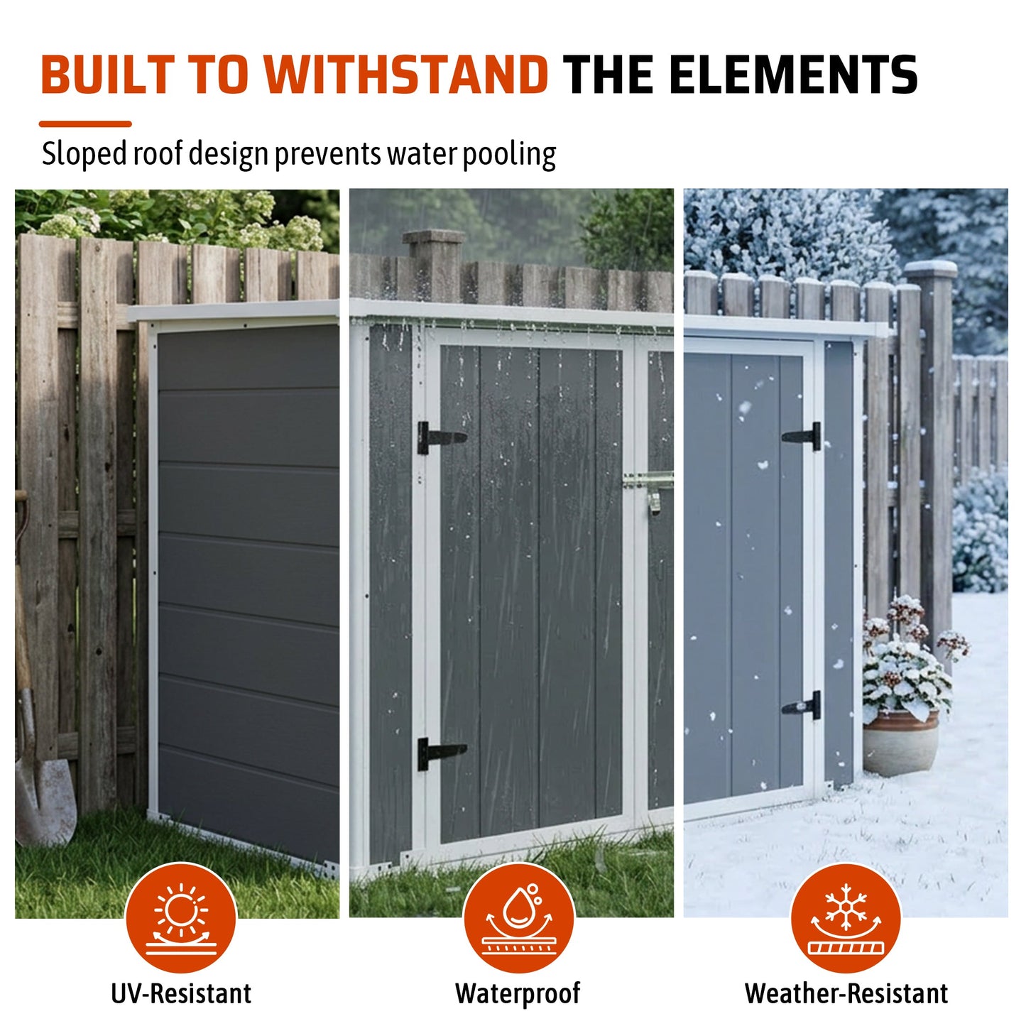 HouseOfZazla Horizontal Outdoor Storage Shed with ramp and hydraulic lid gray exterior collage on Tampa Home & Garden Store