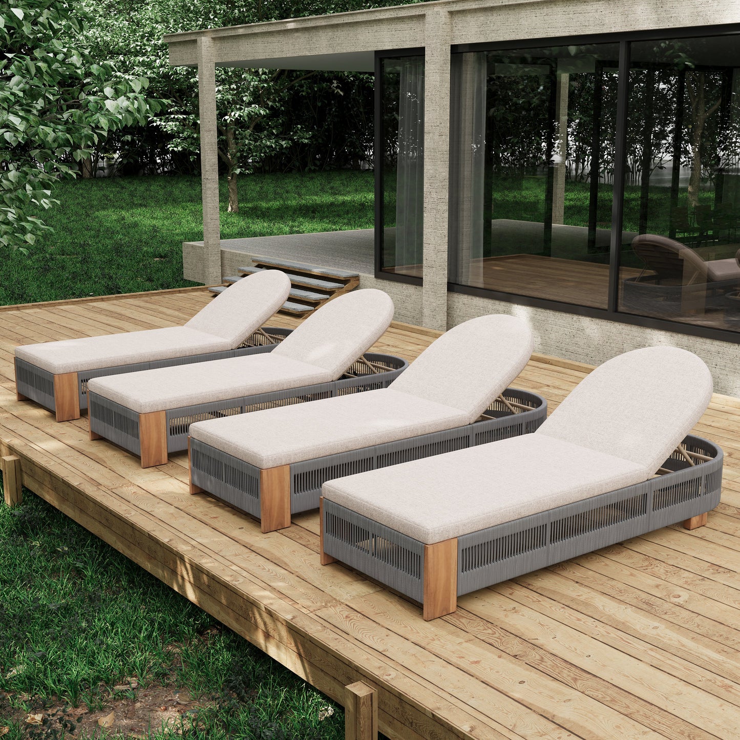 5 outdoor chaise lounge chairs with beige cushions and wooden frames on a deck on Tampa Home & Garden Store