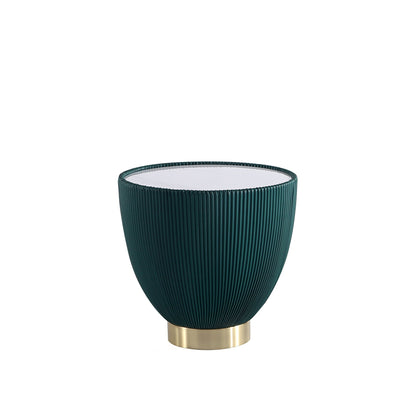 Upholstered End Table with Sintered Stone Top, teal ribbed base, brass pedestal by HouseOfZazla on Tampa Home & Garden Store