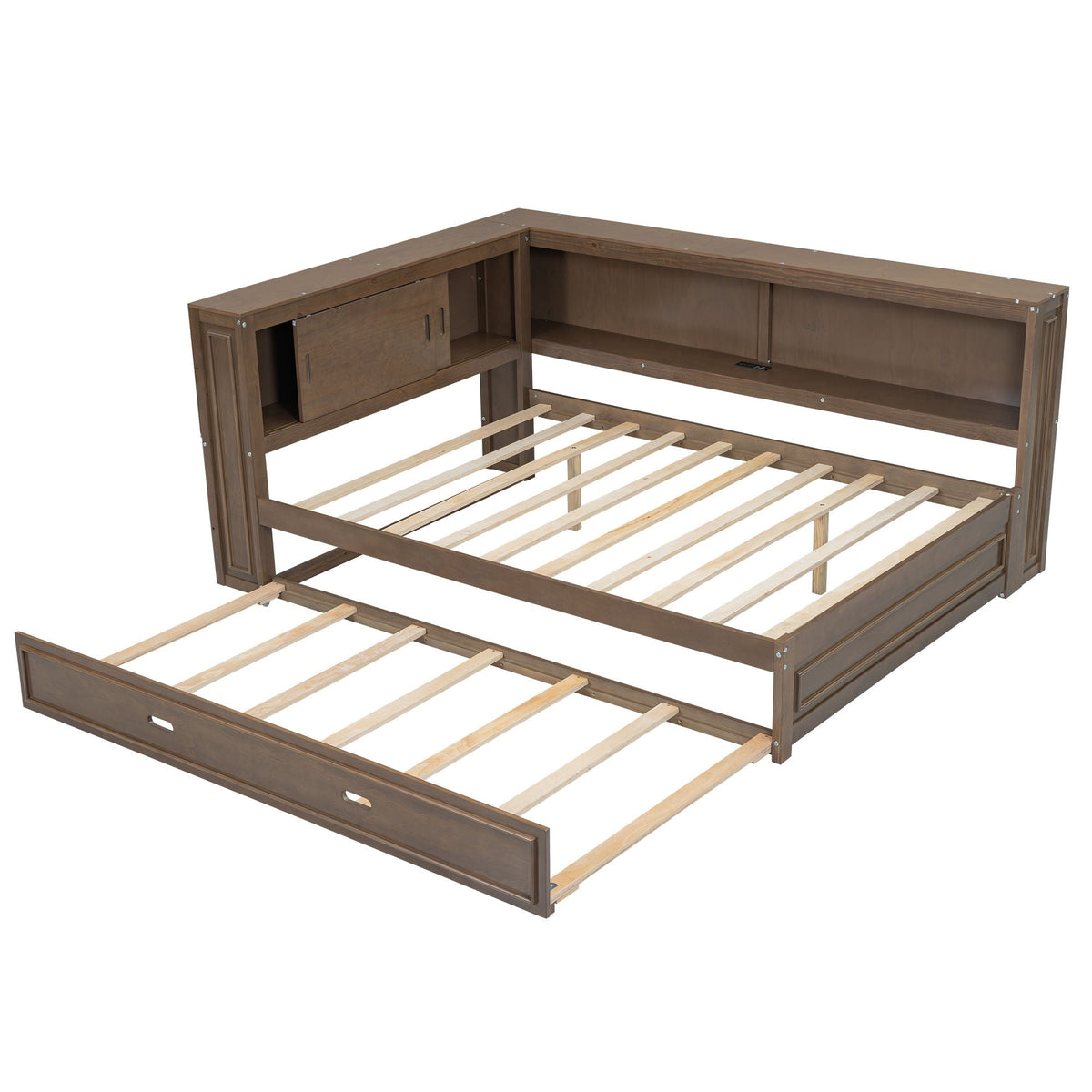 Daybed with storage shelves in brown wood with built-in cabinet and open shelf on Tampa Home & Garden Store