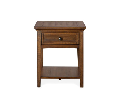 Bay Creek rectangular end table in warm brown wood with a single drawer and a black knob on Tampa Home & Garden Store