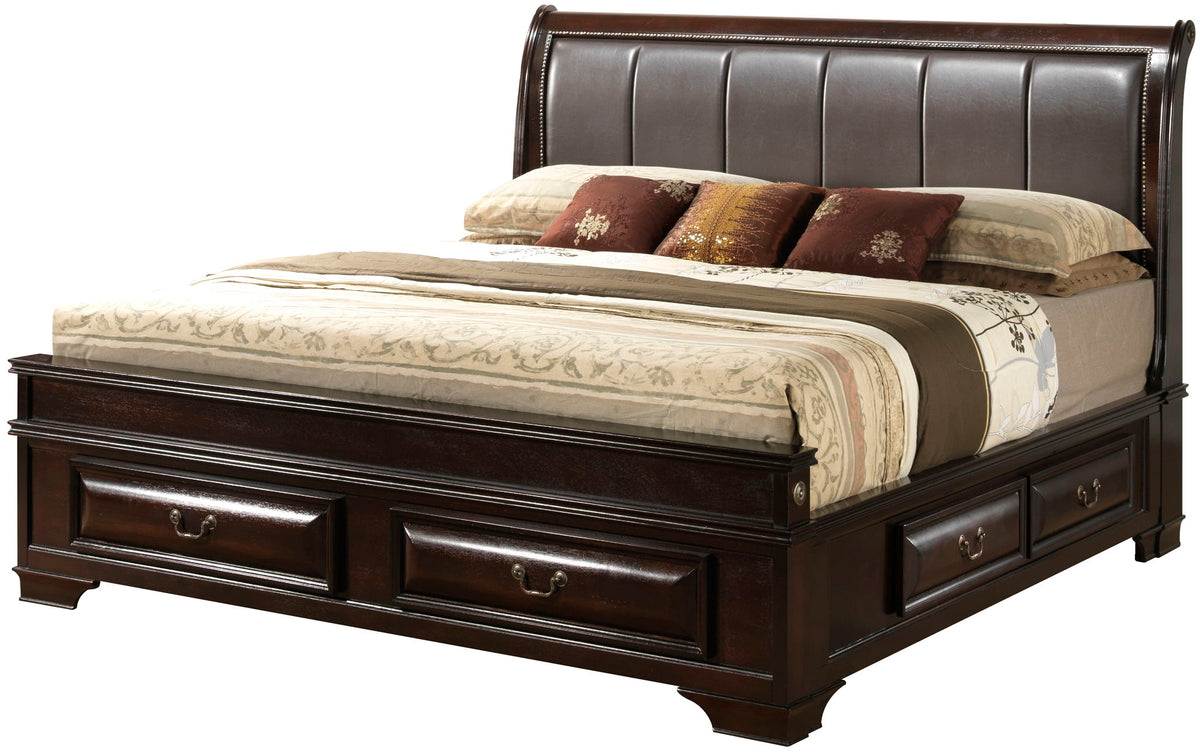Lavita storage bed dark wood with padded brown headboard and multiple under-bed drawers on Tampa Home & Garden Store