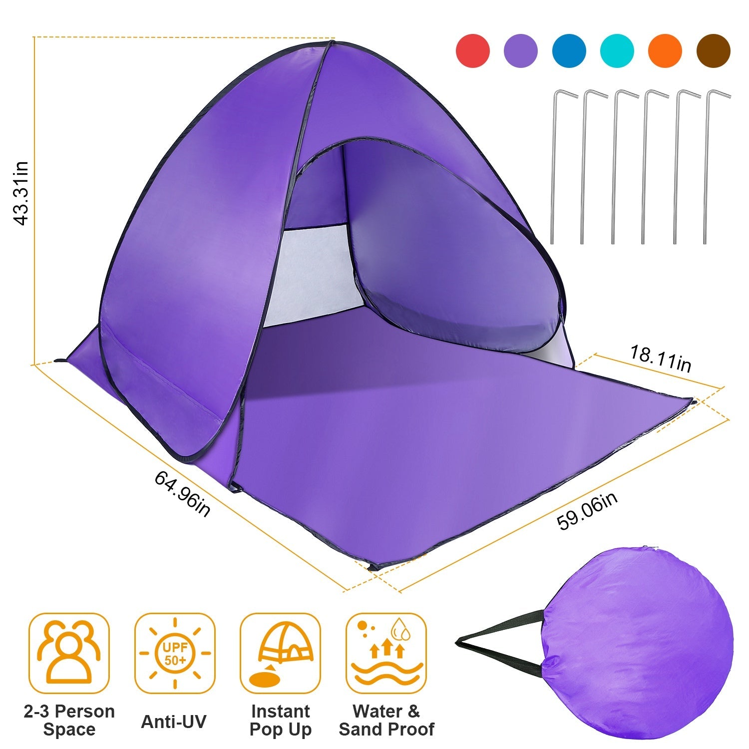 GemGear pop-up beach tent 2-3 person purple instant setup anti-UV UPF50+ waterproof canopy on Tampa Home & Garden Store