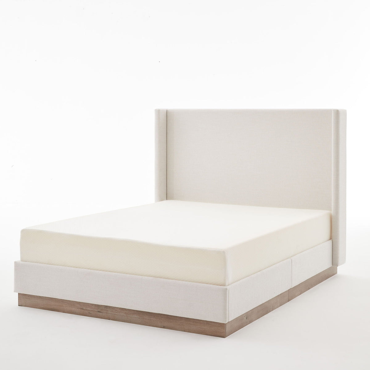 Hosford Minimalist Upholstered Wingback Bed beige fabric with wood base on Tampa Home & Garden Store
