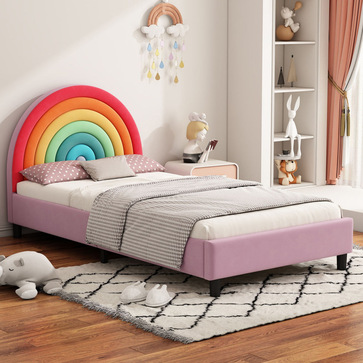 Upholstered twin platform bed with a colorful rainbow arch headboard in pink for kids on Tampa Home & Garden Store