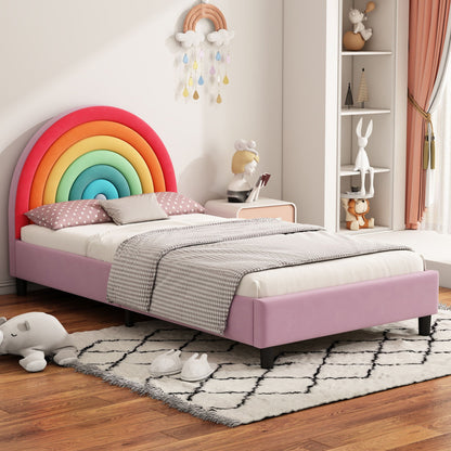 Upholstered twin platform bed with a colorful rainbow arch headboard in pink for kids on Tampa Home & Garden Store