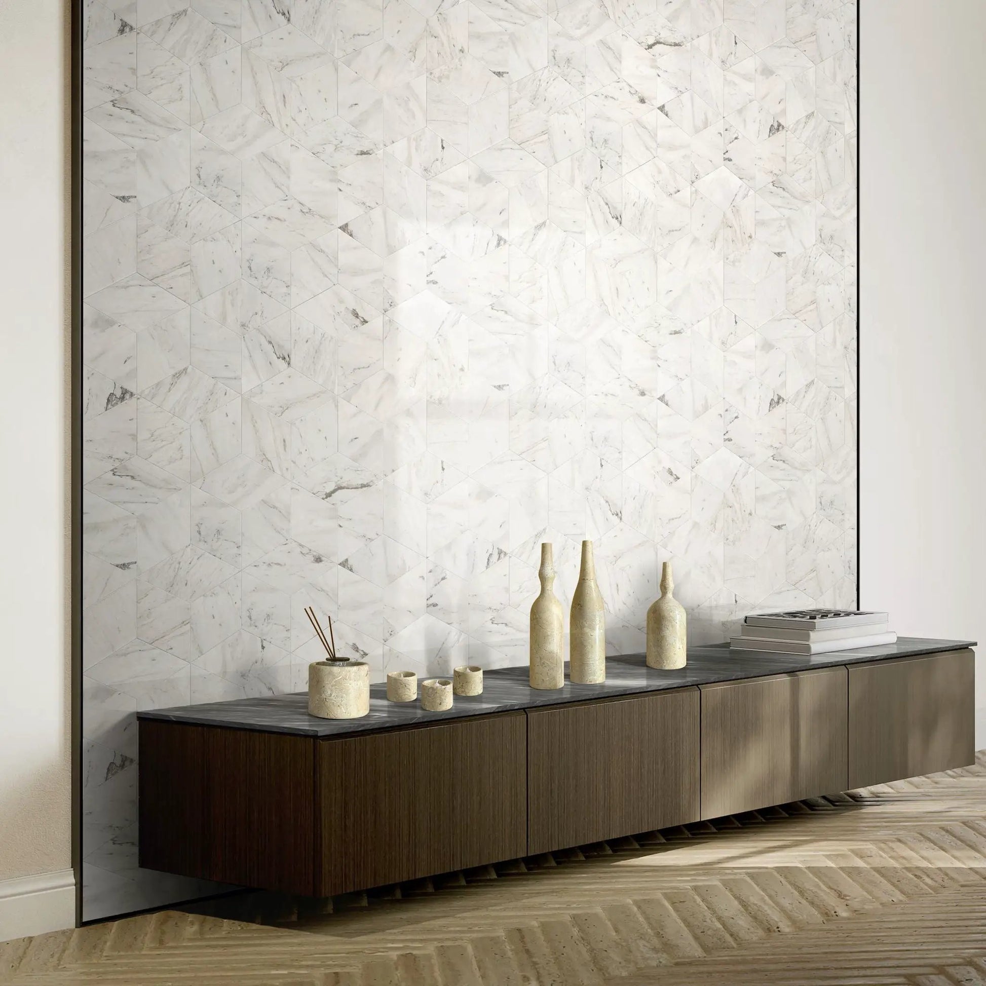 7-piece luxury natural marble living room accessories set with beige vases on sideboard on Tampa Home & Garden Store