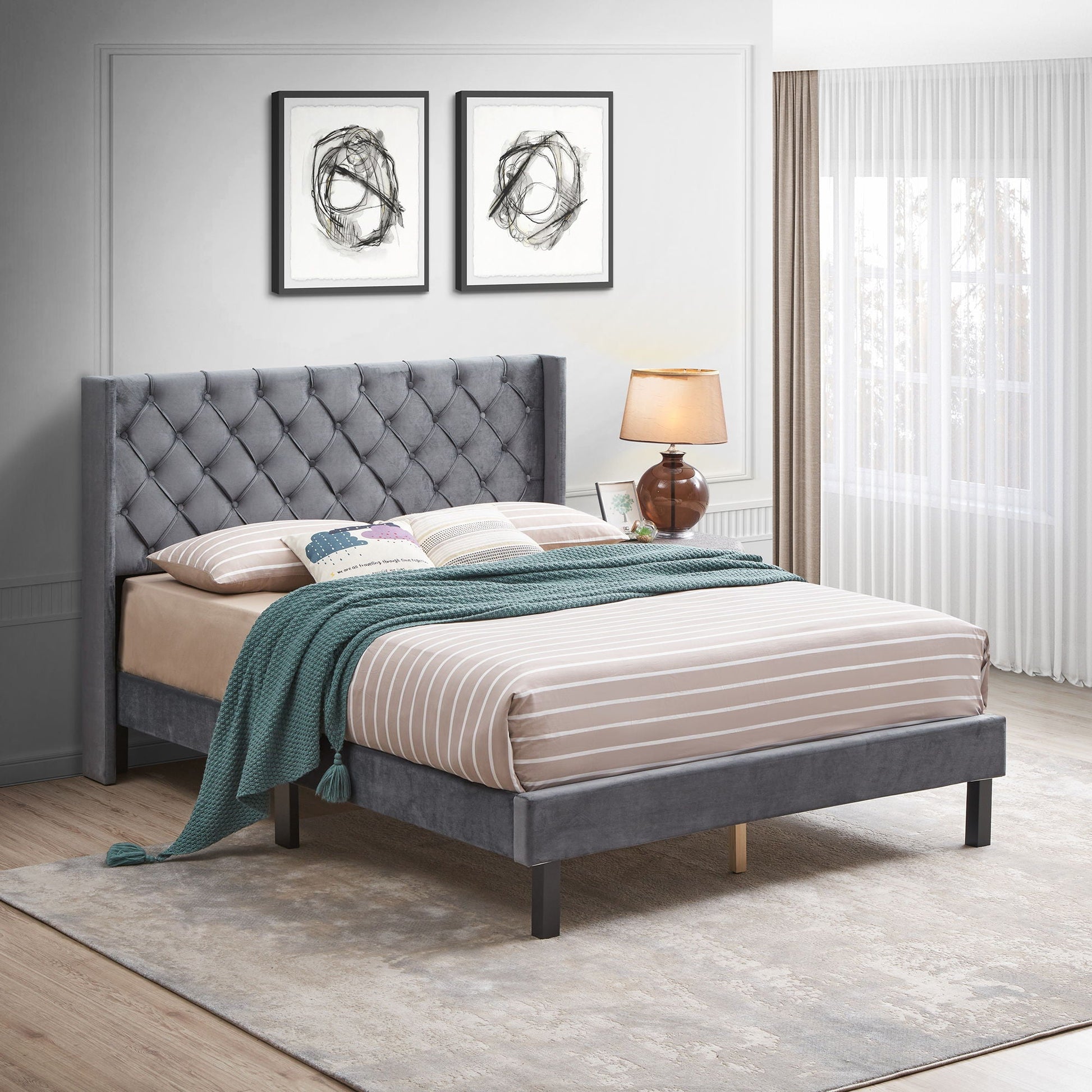 Queen platform bed with gray tufted winged headboard and wood slat support by HouseOfZazla on Tampa Home & Garden Store