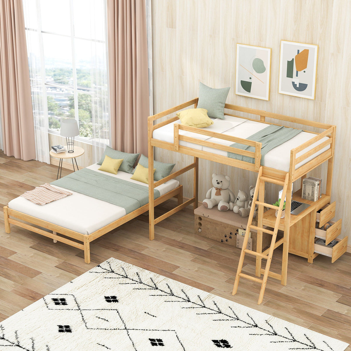 Bunk bed with built-in desk and 3 drawers in natural wood finish by HouseOfZazla ladder on Tampa Home & Garden Store