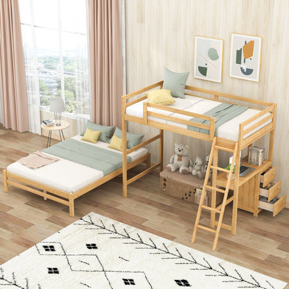 Bunk bed with built-in desk and 3 drawers in natural wood finish by HouseOfZazla ladder on Tampa Home & Garden Store