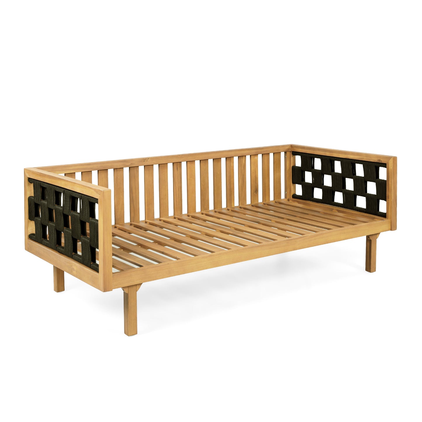Three-Seater Outdoor Daybed, acacia wood teak frame with black woven back panels on Tampa Home & Garden Store