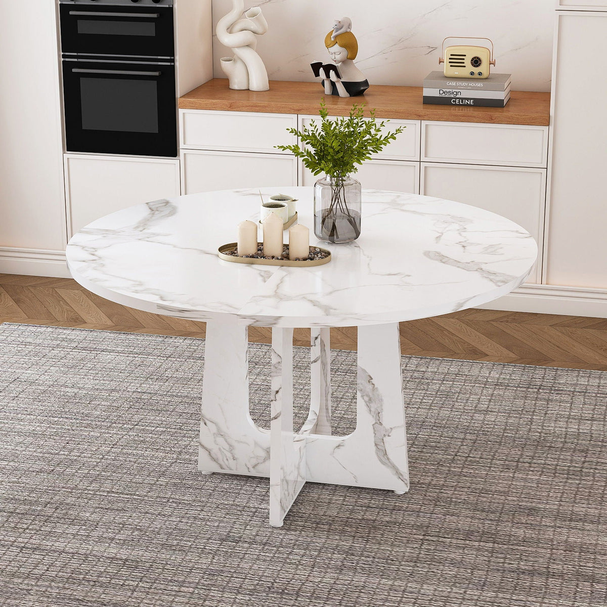 Round dining table for 4 in white marble finish with wood & iron base HouseOfZazla on Tampa Home & Garden Store