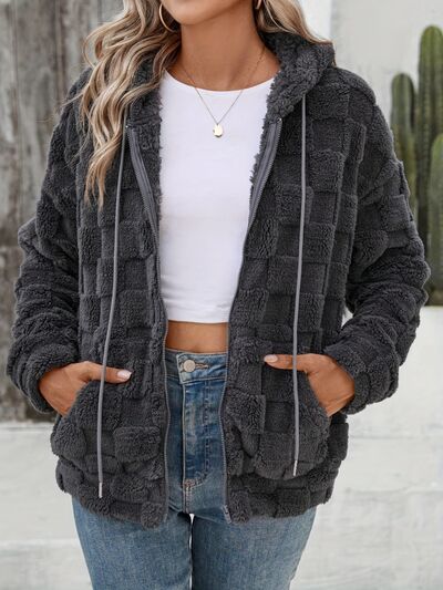 Stevvex women's dark gray fuzzy checkered zip-up jacket with drawstring hood and pockets on Tampa Home & Garden Store