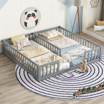 Solid Double Floor Bed With Guardrails and Fence