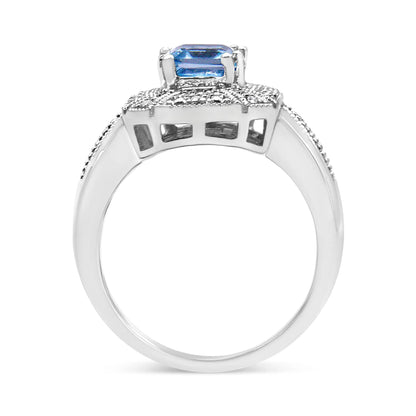 Sterling silver blue topaz ring with emerald-cut center and diamond accents on band on Tampa Home & Garden Store