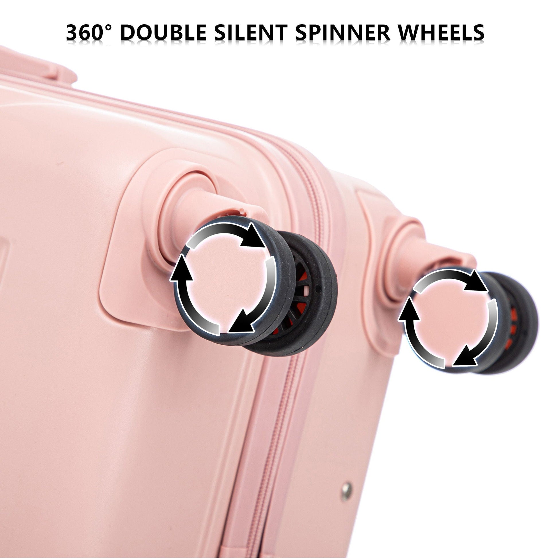 Pink 3pc spinner luggage set close-up of 360° wheels on Tampa Home & Garden Store