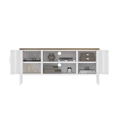 Storage Cabinet TV Stand with steel frame, white finish, dual cabinets and a wood top on Tampa Home & Garden Store