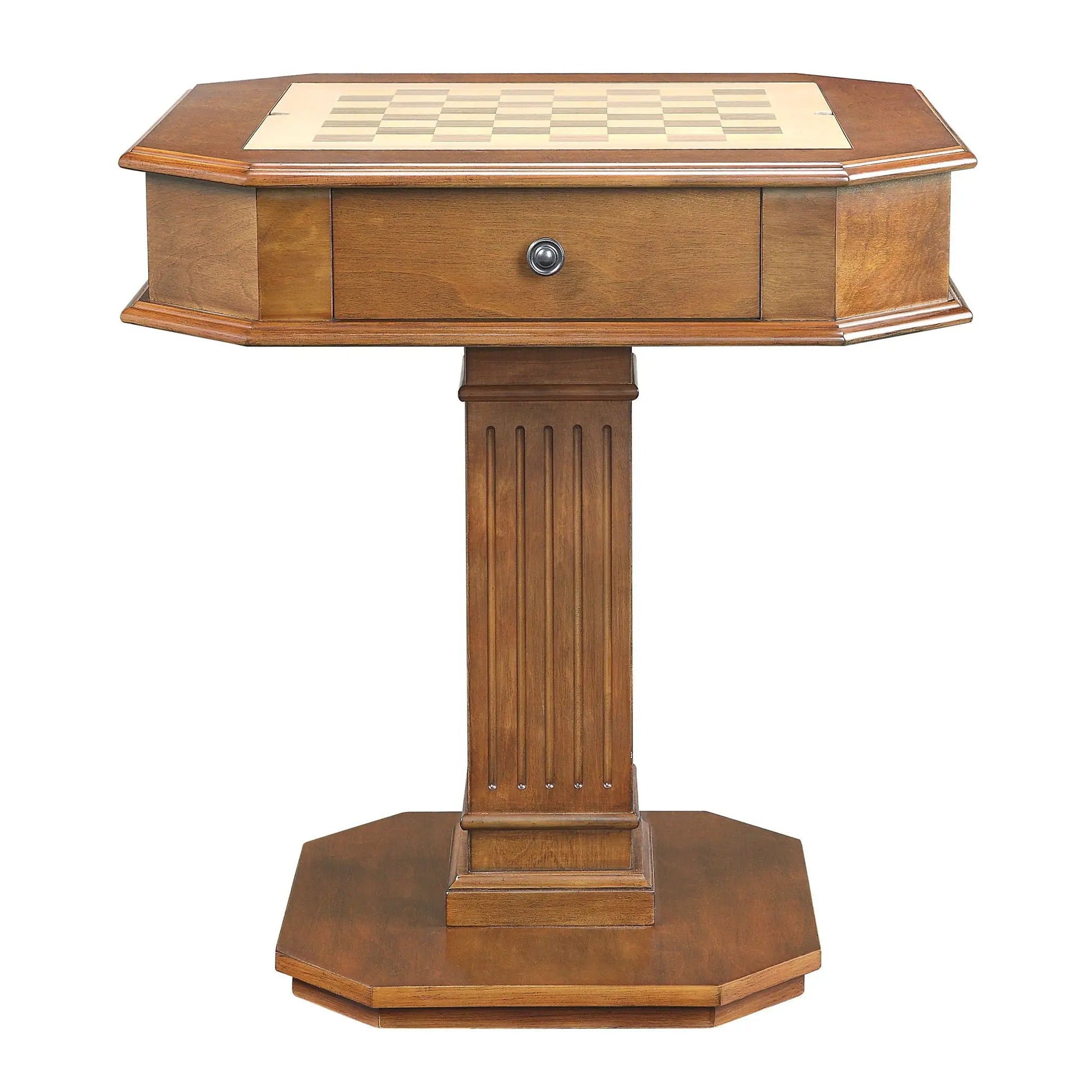 Galini game table walnut with built-in checkerboard top and single drawer on Tampa Home & Garden Store