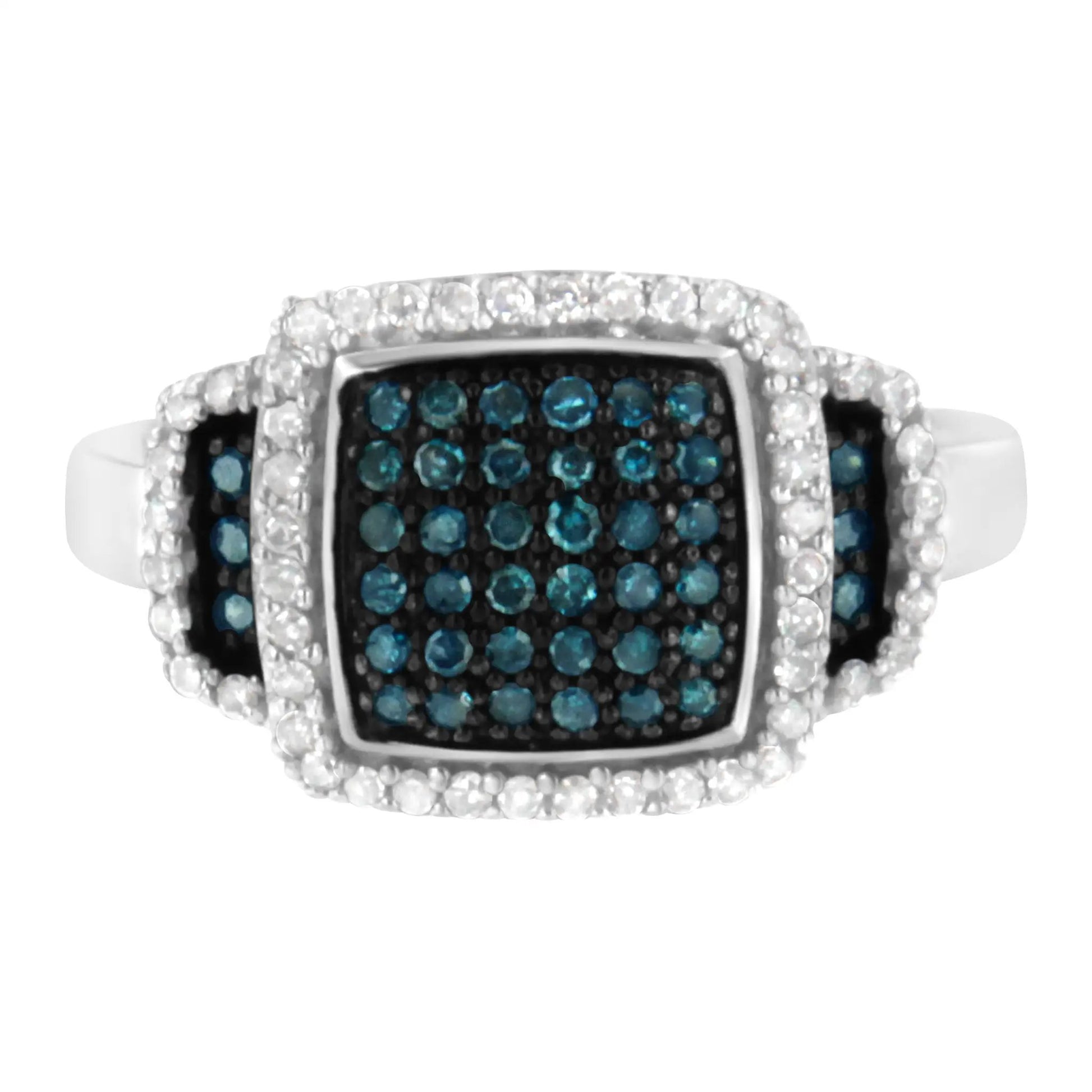 Ring black rhodium plated sterling silver square halo with blue and white diamonds, size 6 on Tampa Home & Garden Store