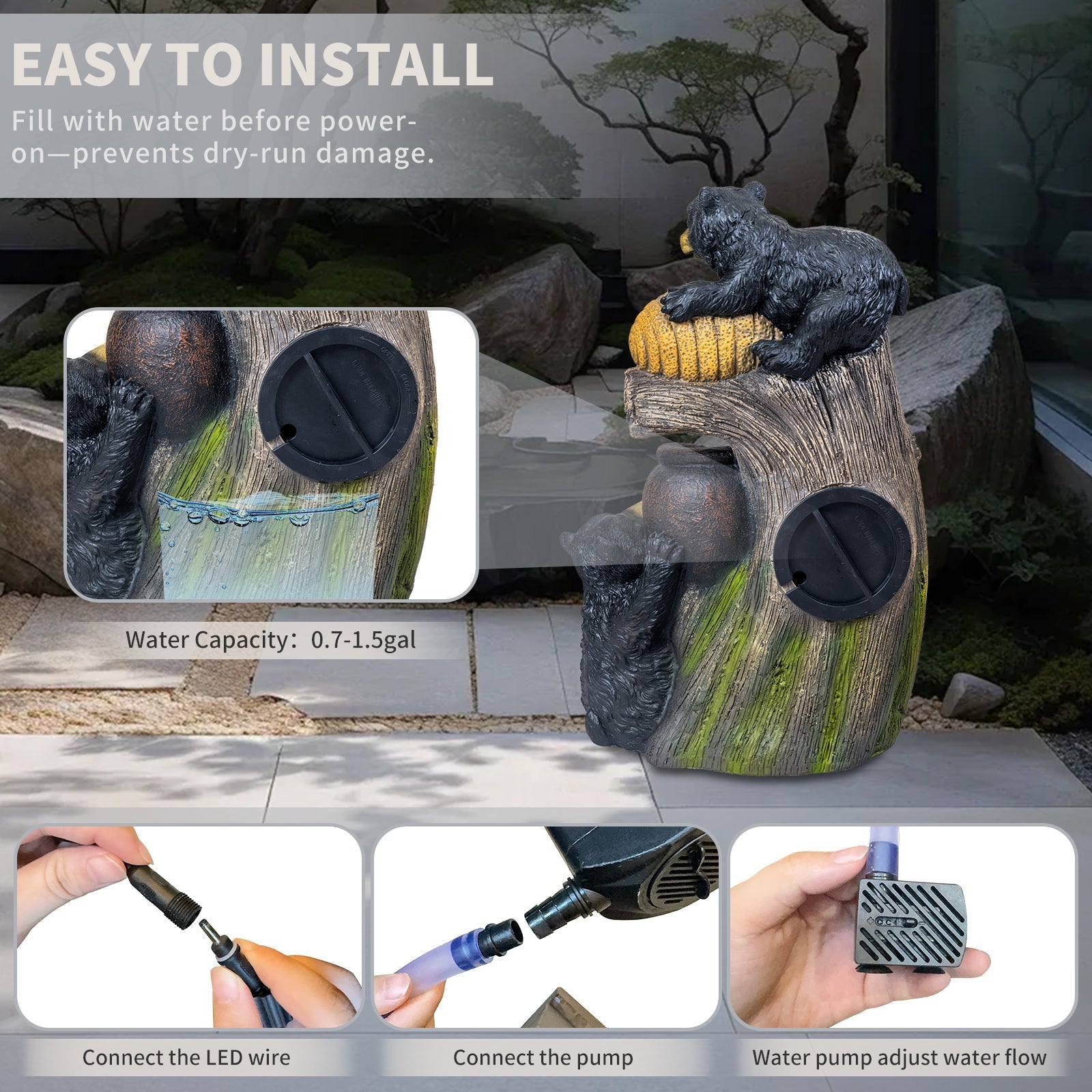 Bear outdoor water fountain with LED lights by HouseOfZazla, bear atop a log water feature on Tampa Home & Garden Store