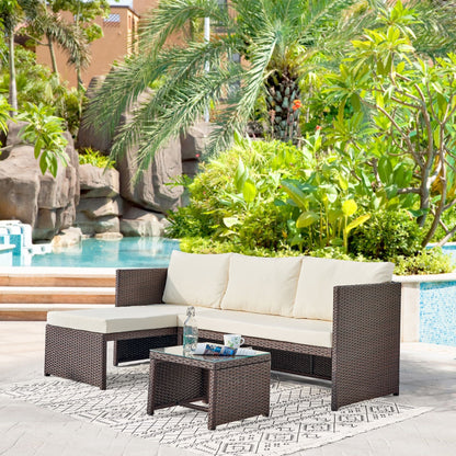 Menton 3-piece outdoor wicker sectional with beige cushions and glass coffee table HouseOfZazla on Tampa Home & Garden Store