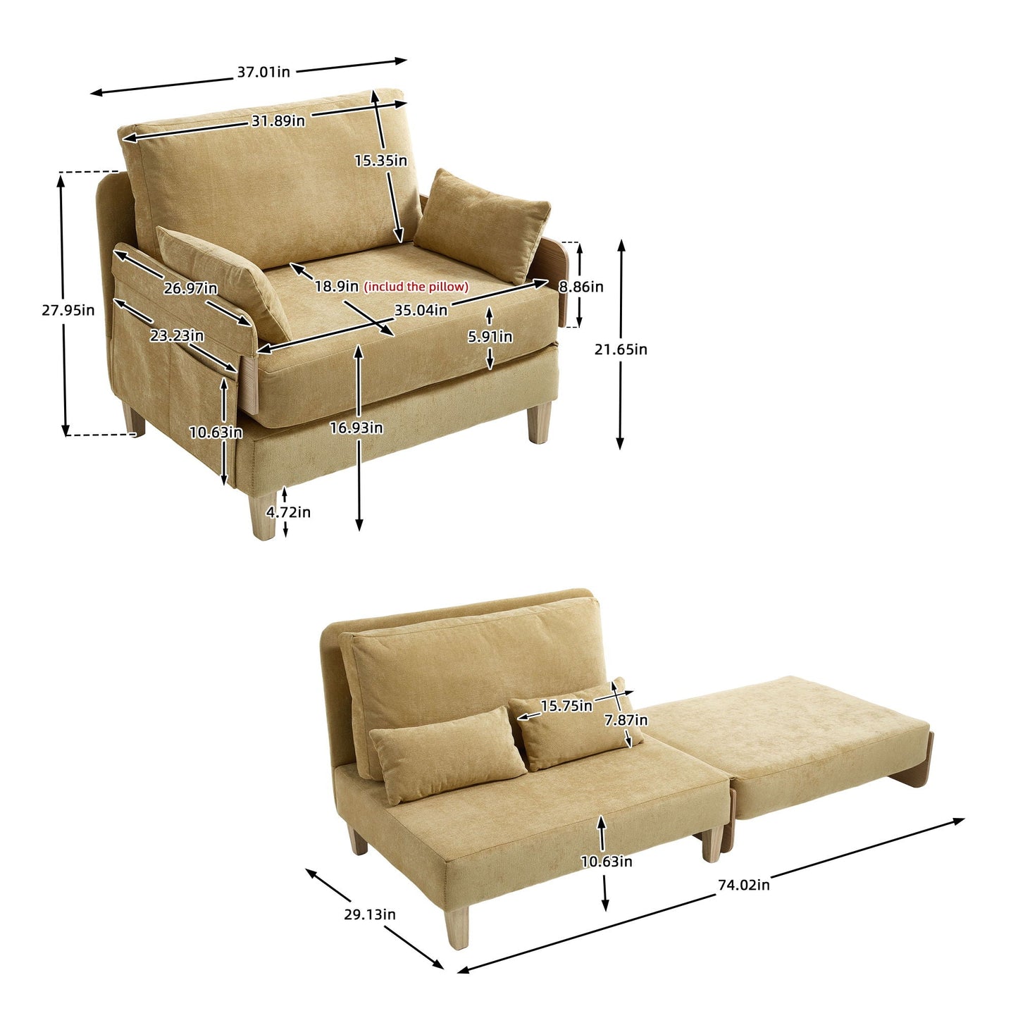 Mid Century Modern 3 Pillow Foldable Sofa Bed