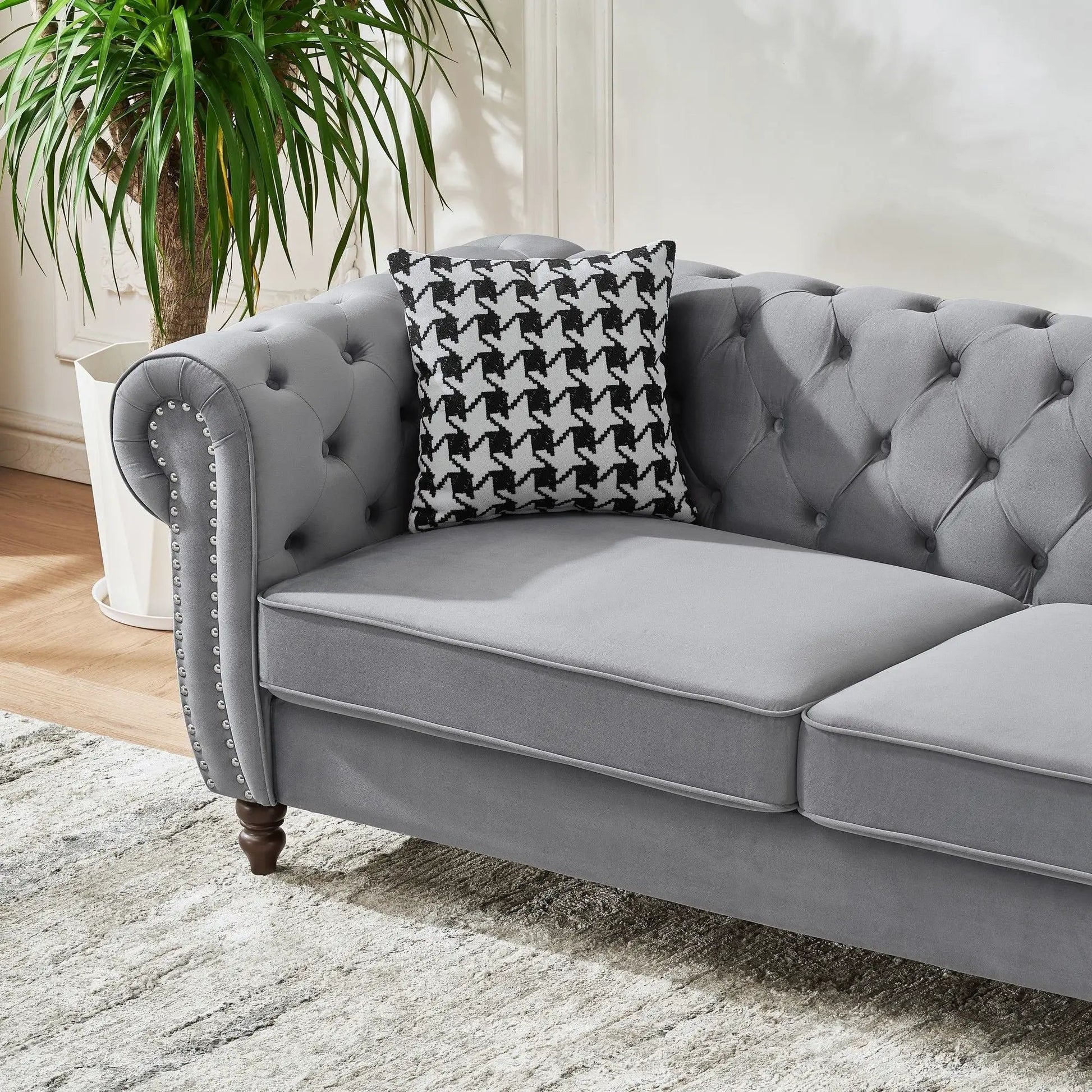 Chesterfield Upholstery Sofa with grey fabric, roll arms, tufted cushions and nailhead trim on Tampa Home & Garden Store