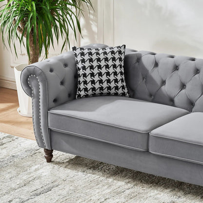 Chesterfield Upholstery Sofa with grey fabric, roll arms, tufted cushions and nailhead trim on Tampa Home & Garden Store