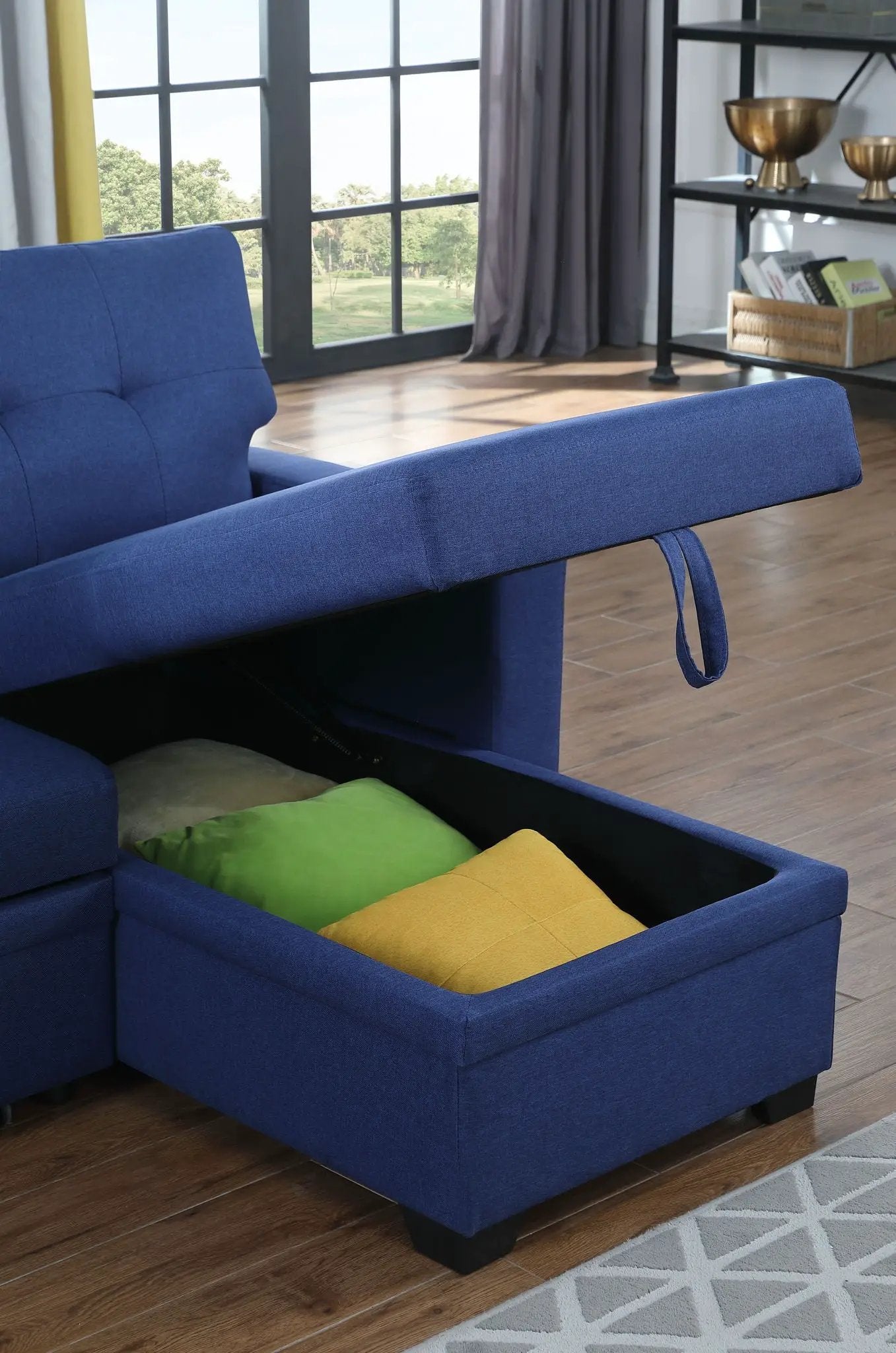 Blue upholstered pull-out sleeper sectional with chaise, storage by Unique Piece Furniture on Tampa Home & Garden Store