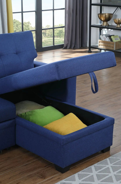 Blue upholstered pull-out sleeper sectional with chaise, storage by Unique Piece Furniture on Tampa Home & Garden Store