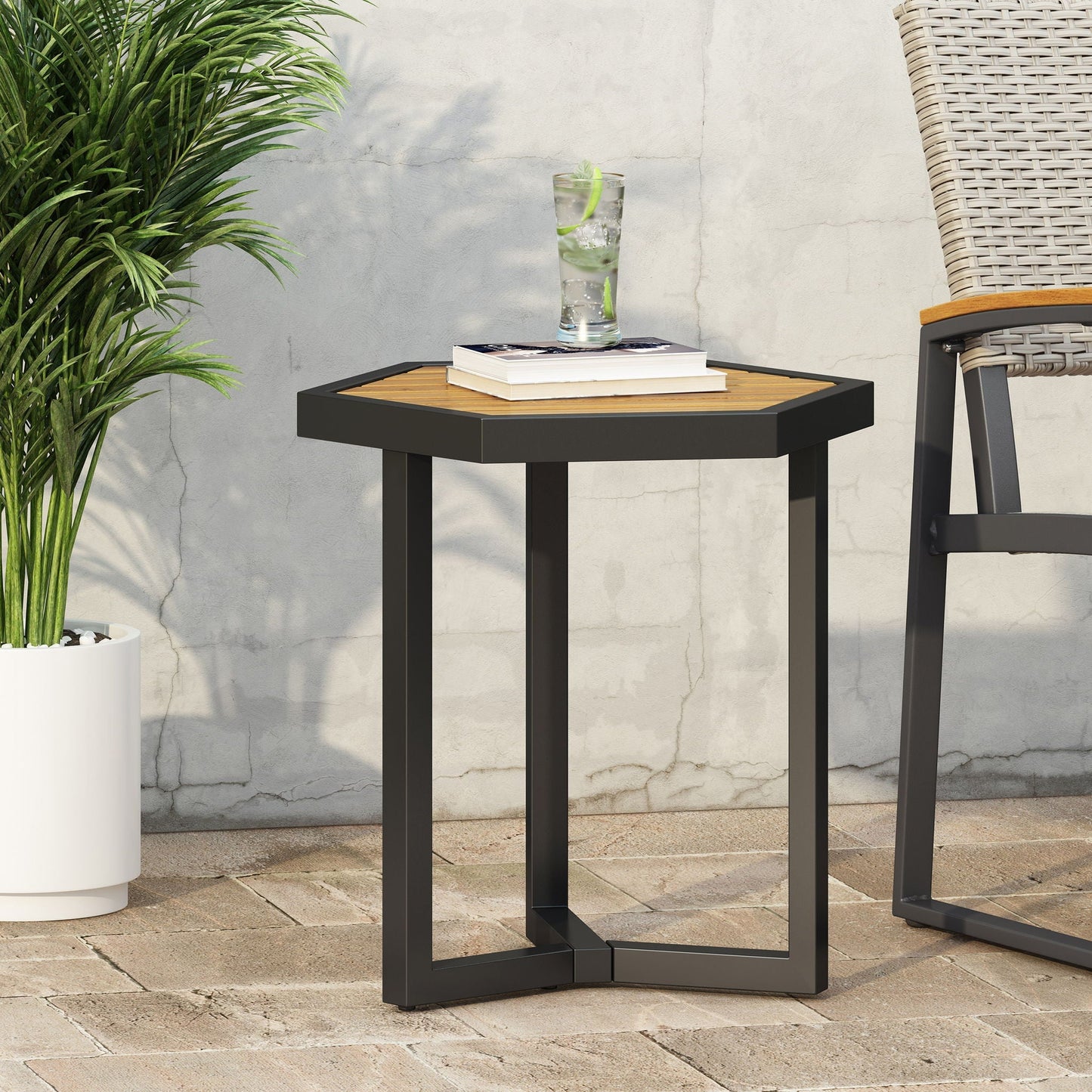 Outdoor Acacia Wood Side Table and Iron Base
