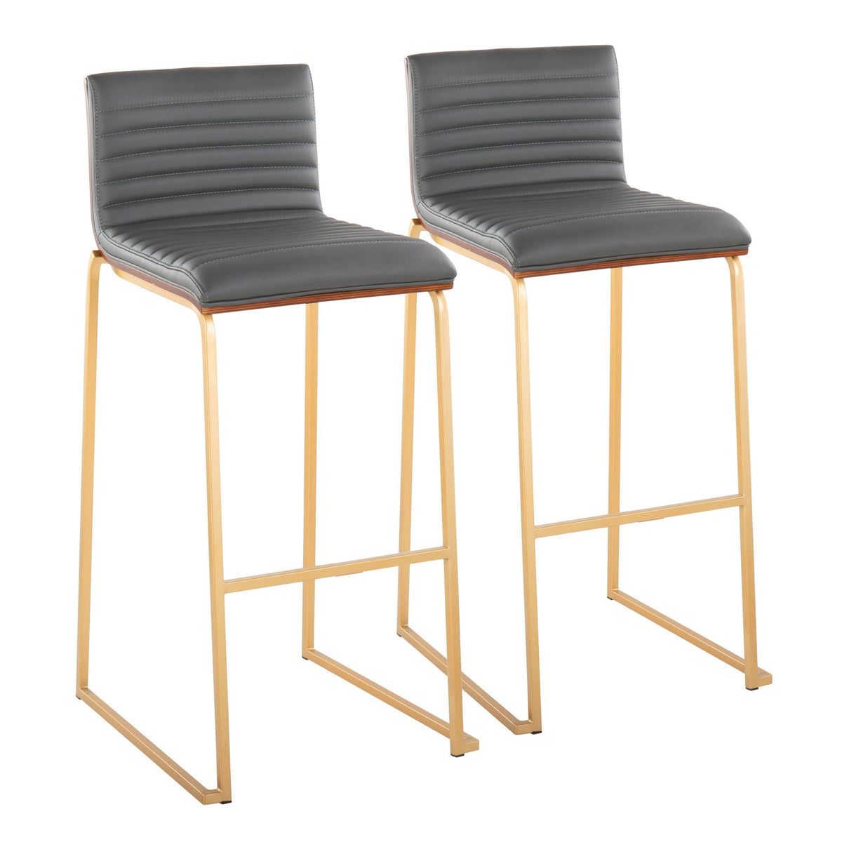 Mason Mara barstool set with gray upholstered seat and gold legs, 2 stools on Tampa Home & Garden Store