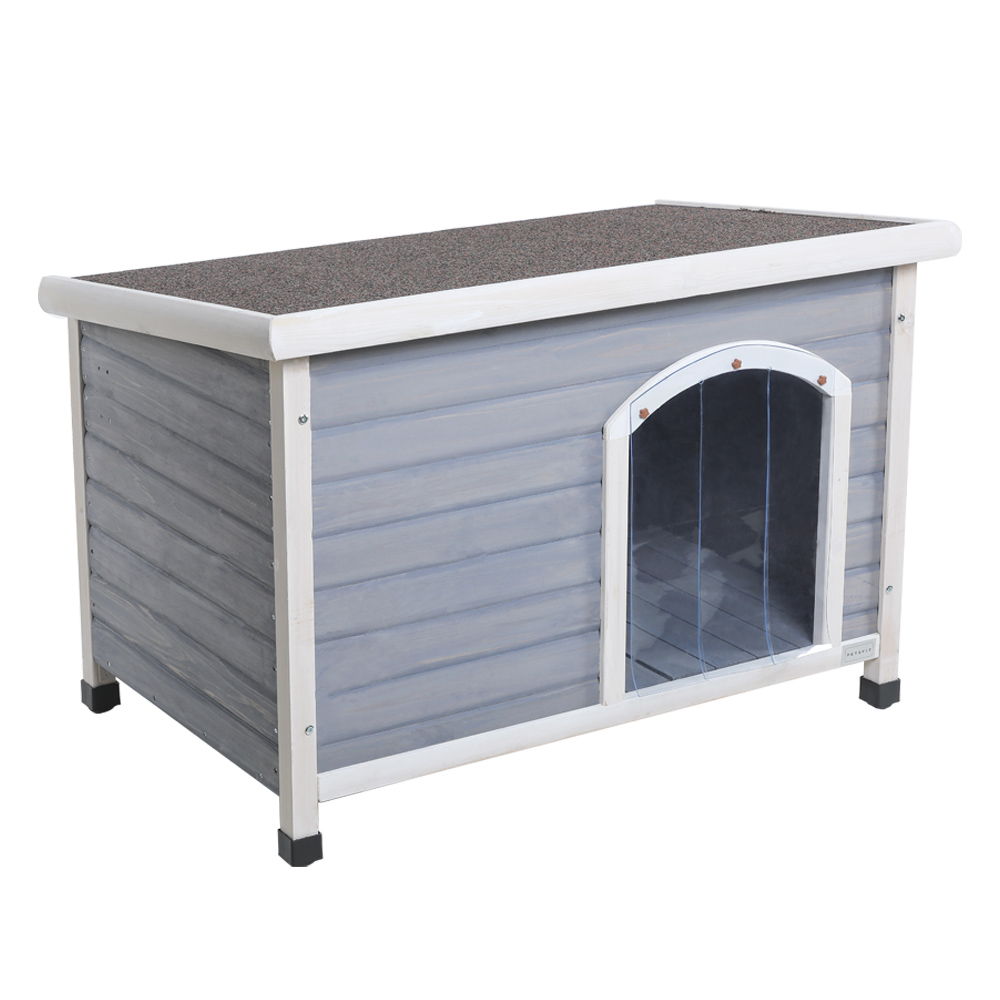 Medium wooden outdoor dog house with gray siding, arched door, brown roof, adjustable feet on Tampa Home & Garden Store