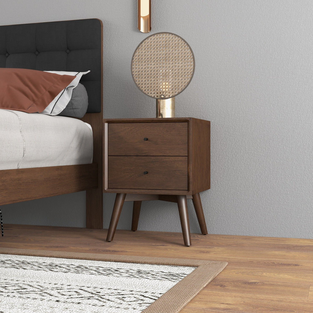 HouseOfZazla mid-century accent nightstand with 2 drawers in dark brown wood, round knobs, tapered legs on Tampa Home & Garden Store
