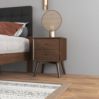 HouseOfZazla mid-century accent nightstand with 2 drawers in dark brown wood, round knobs, tapered legs on Tampa Home & Garden Store