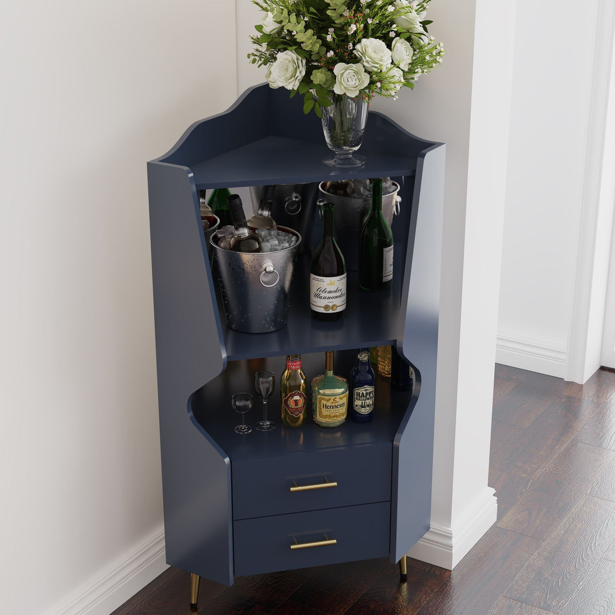 Corner bar cabinet by HouseOfZazla navy wood with mirrored back and storage shelves on Tampa Home & Garden Store